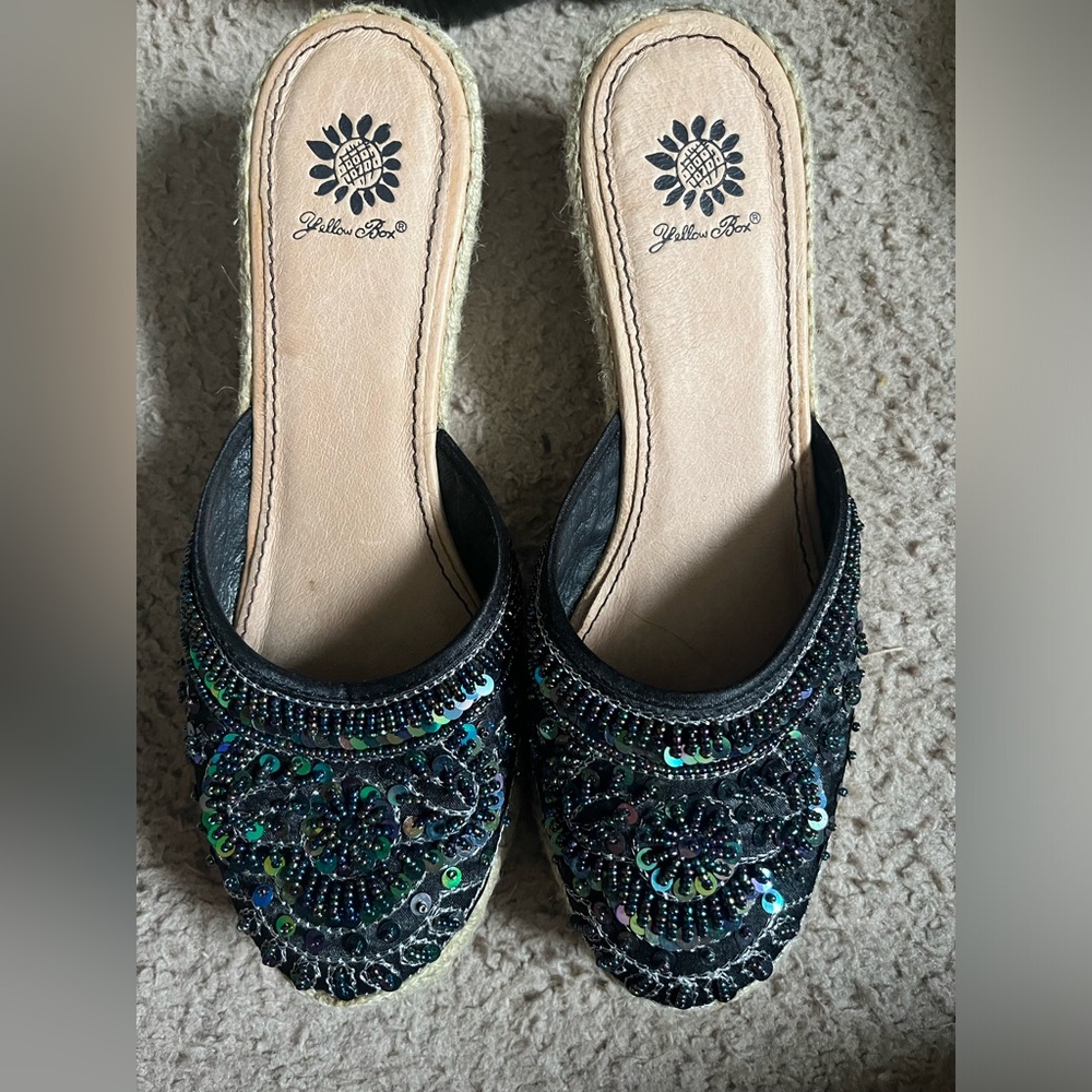 Yellow box brand mules with wedge